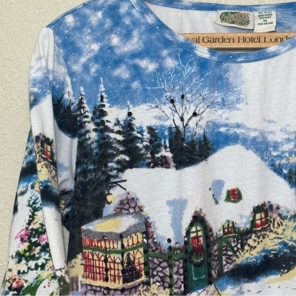 Vintage Collections ETC. Sequined Cabin Sleigh Snow Scene top. Women’s XL - Picture 3 of 9